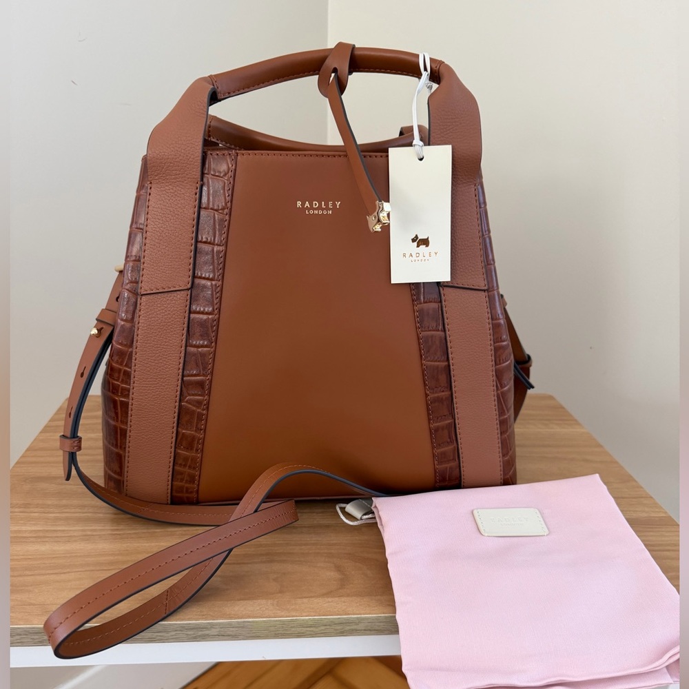 RADLEY LONDON Chestnut Brown Leather Shoulder Bag with Croc-Trim